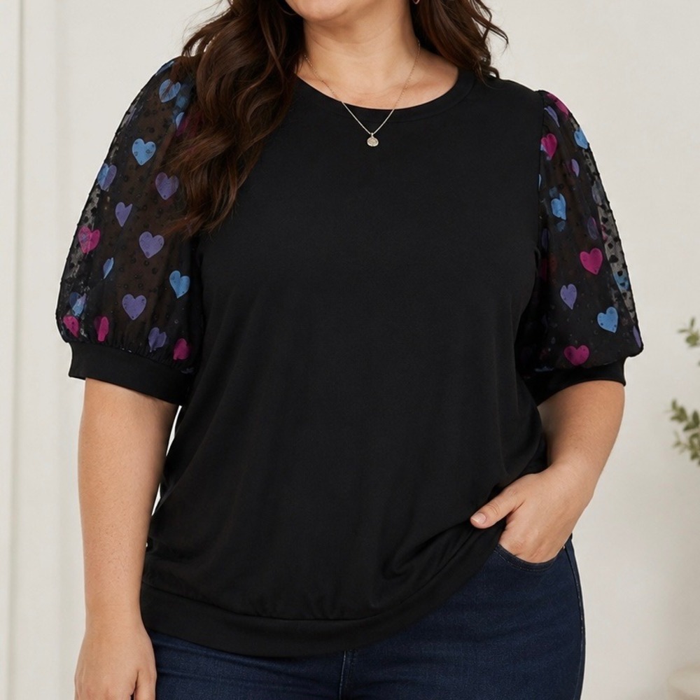 Torrid Size 6 Black Heart Puff Sleeve Swiss Dot Mesh Knit Top Plus Size